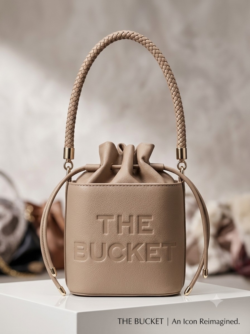 THE BUCKET Women’s Taupe Bucket Bag with Braided Handle
